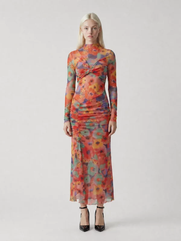 Sheer Mesh Floral Maxi Dress